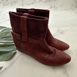 Farylrobin Womens Ankle Boots Booties Size 8 Red Leather Suede Wedge Heel